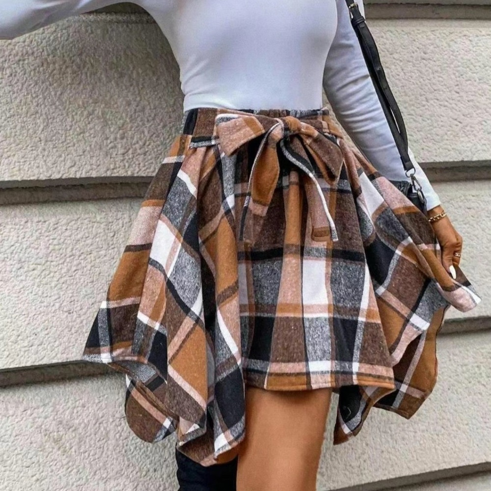 Plaid Asymmetrical Skirt - Brown, Black, White